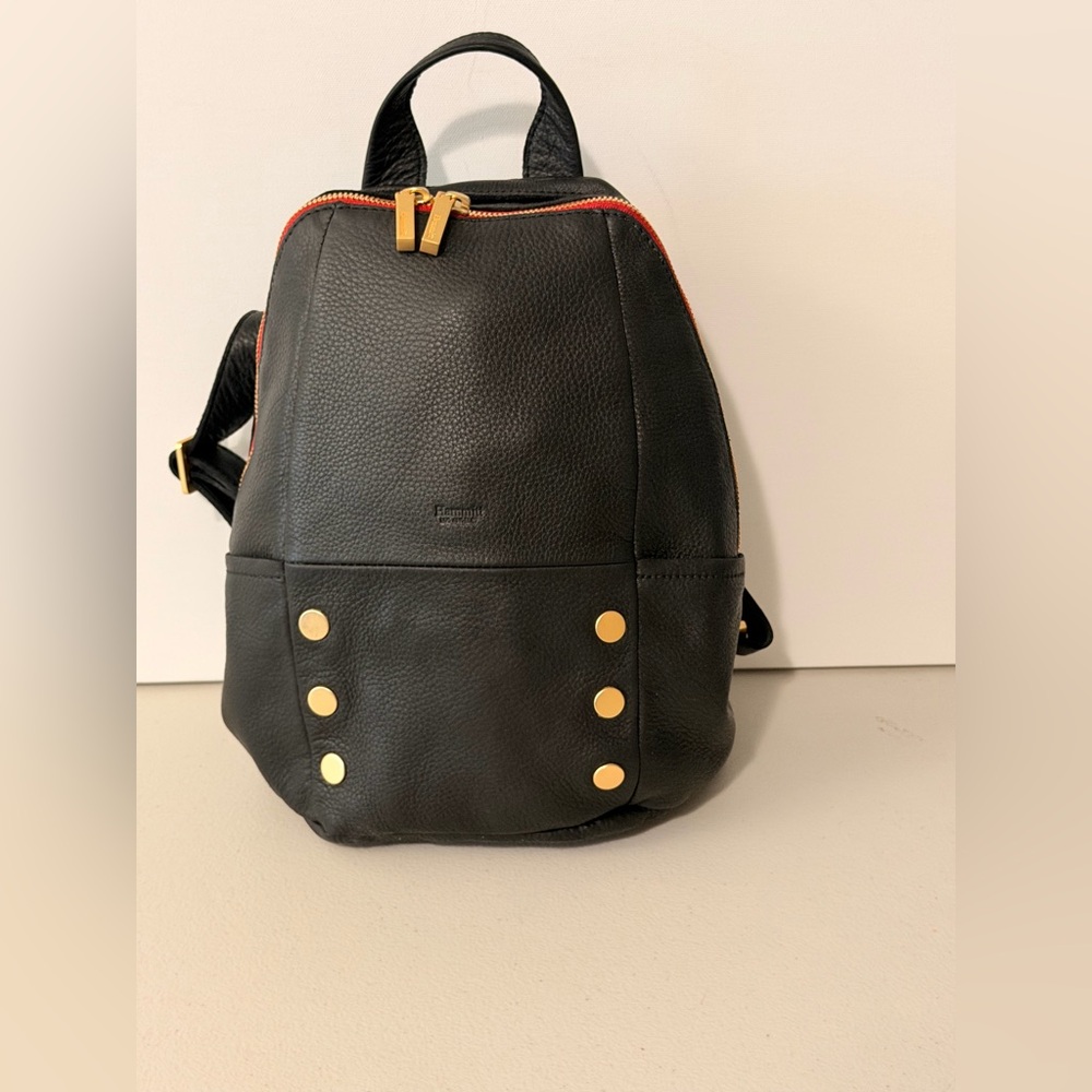 Hammitt Black Leather Backpack with Gold Studs and Red Trim